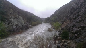 River in canyon flowing at high volume, vanishing into distance