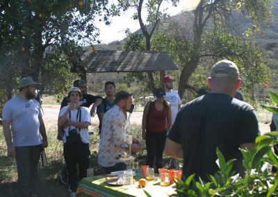 Students assembled around a table in a grove, drinking orange juice