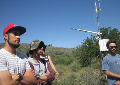 A group of students stand in front of a micrometeorology tower