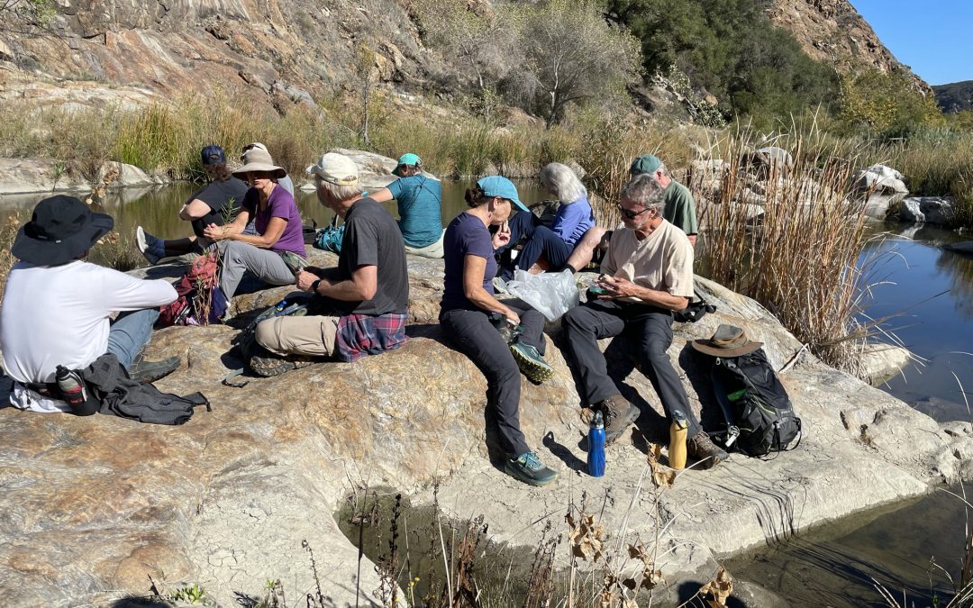 15 hikers eating a snack along the river