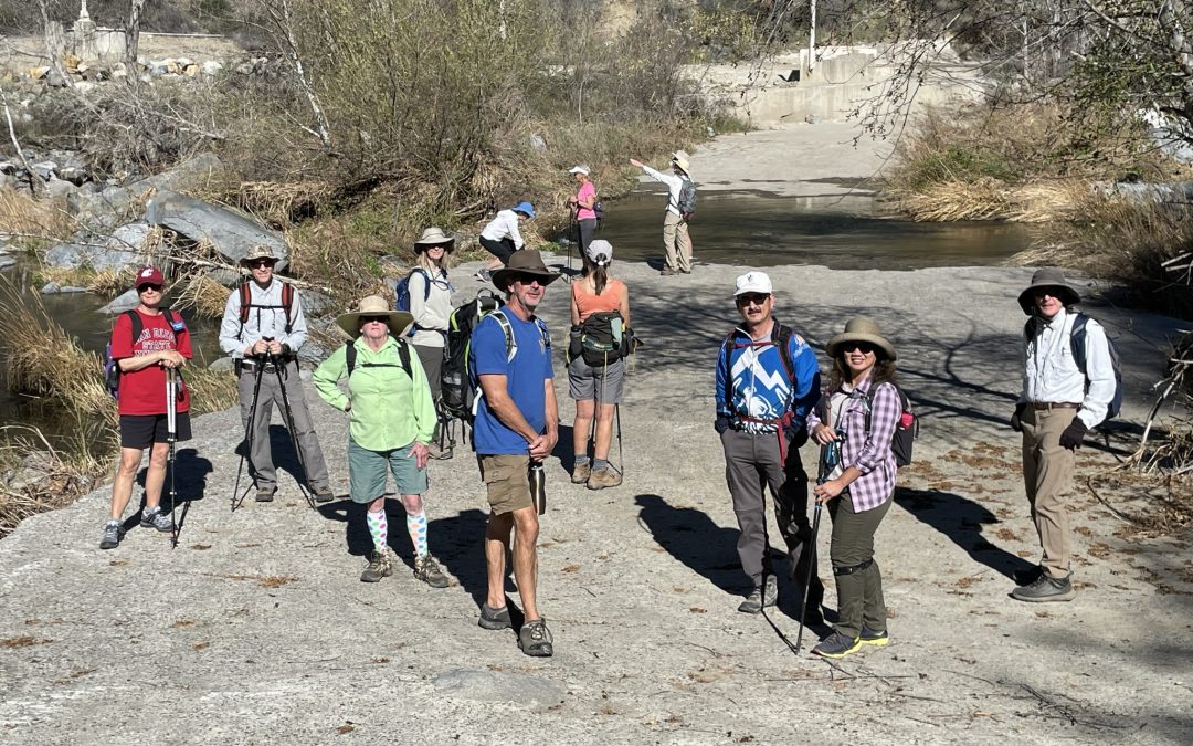 ten hikers standing by a river