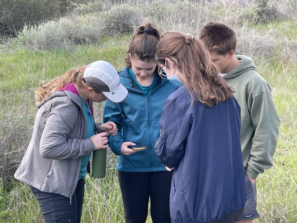 4 students looking at phone outdoors